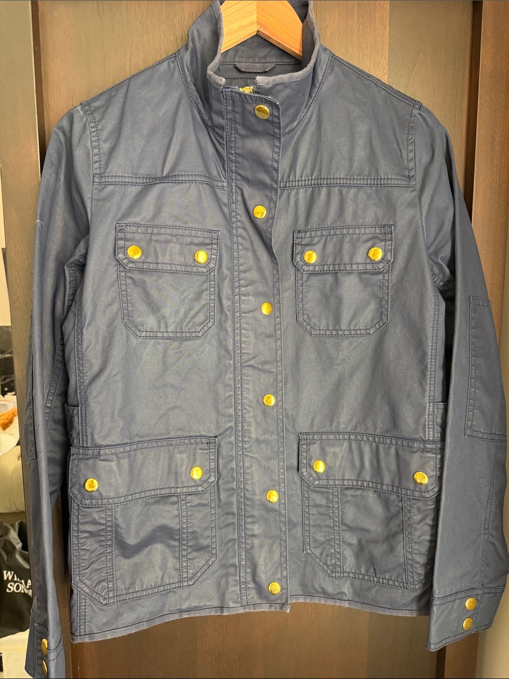 J. Crew Navy Utility Jacket with Yellow-Gold Snap Accents